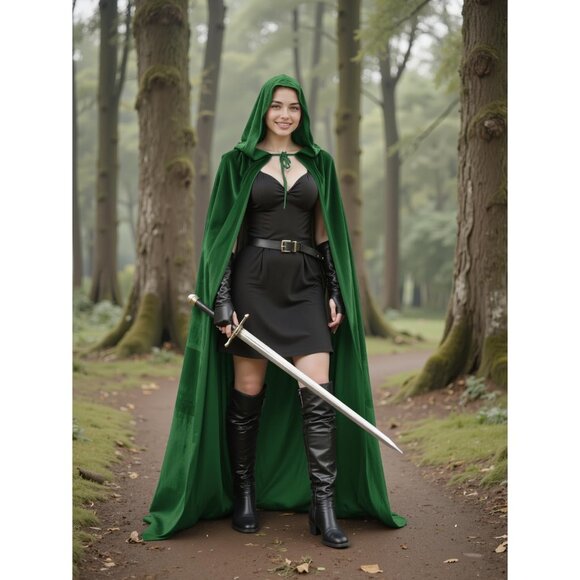 Women's Green Witch Imported Velvet Cloak Halloween Hooded Cape Medieval Costume - Picture 5 of 7